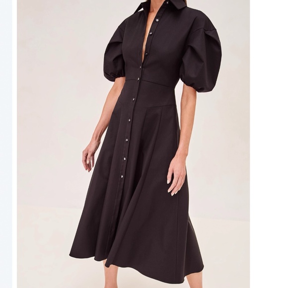 Alexis Amilya Puff-Sleeve Fit & Flare Midi Shirt Dress - Black - Picture 2 of 11